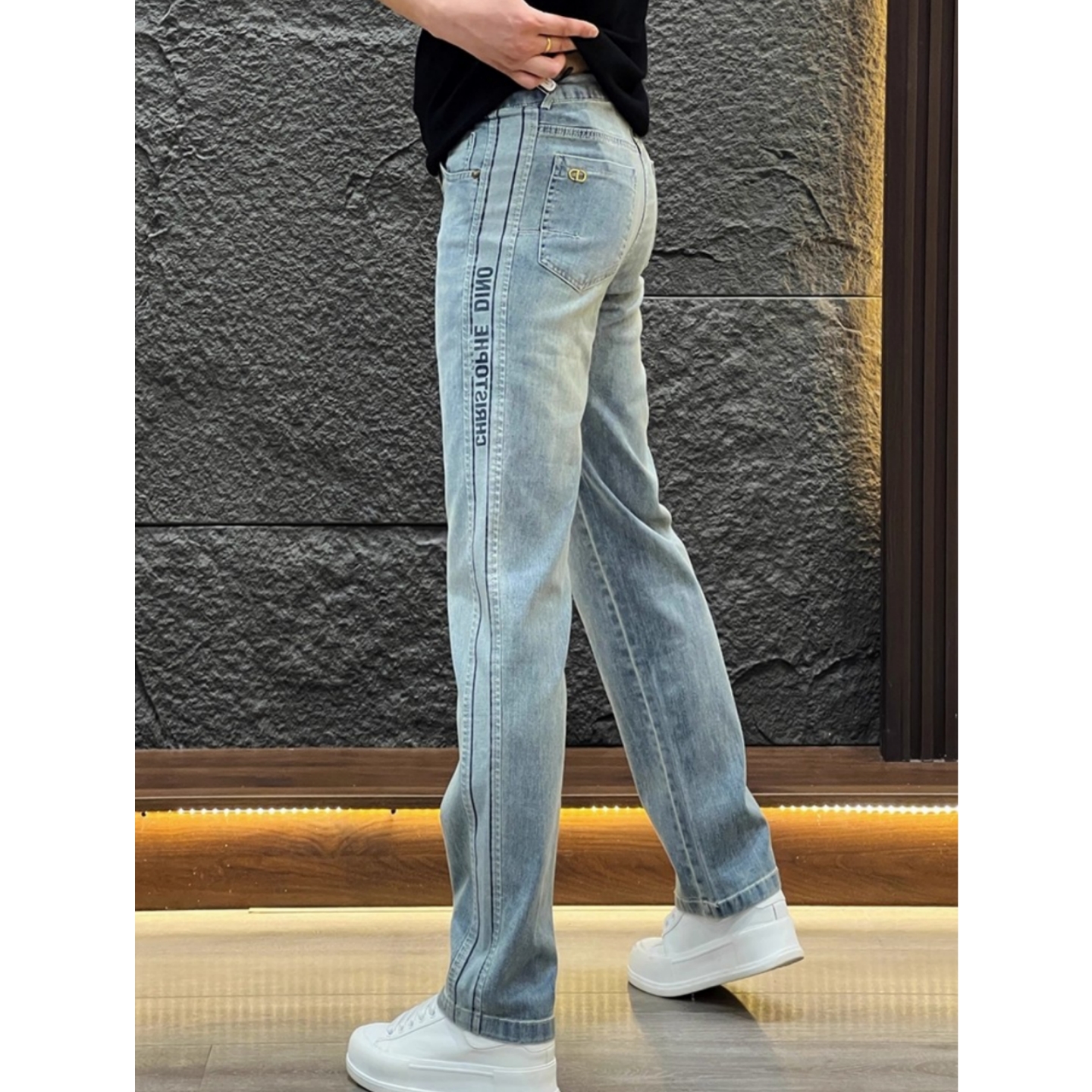 条纹拼接弹力休闲牛仔裤