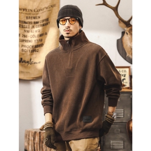 美式复古秋季雪尼尔360g重磅半高领卫衣男秋冬款加绒宽松外套男潮