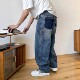男2025春秋潮牌痞帅宽松直筒牛仔长裤 美式 复古休闲做旧口袋牛仔裤