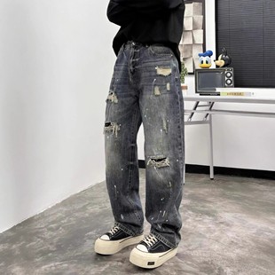 泼墨直筒裤 男个性 复古做旧小直筒痞帅垂感阔腿牛仔裤 重工破洞美式