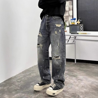 重工破洞美式复古阔腿牛仔裤
