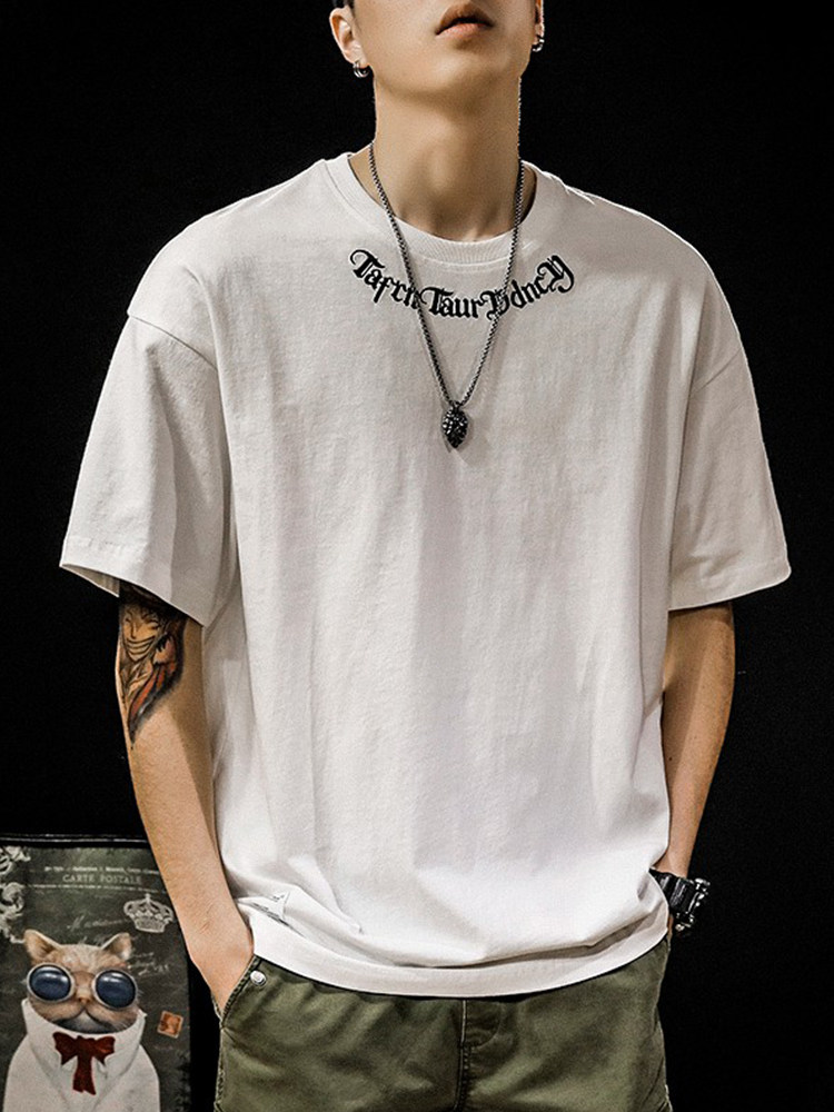 夏季重磅纯棉刺绣短袖t恤男潮牌ins宽松大码半袖美式复古圆领体恤