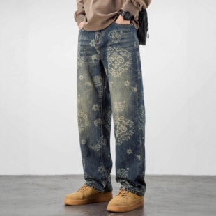 高端水洗牛仔裤男宽松直筒休闲阔腿裤美式街头个性印花痞帅长裤子