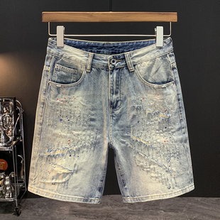 复古做旧水洗补丁破洞刺绣牛仔短裤男士夏季宽松直筒裤子男五分裤