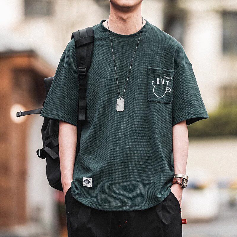 日系潮牌重磅华夫格短袖T恤男夏季宽松大码圆领情侣休闲打底上衣