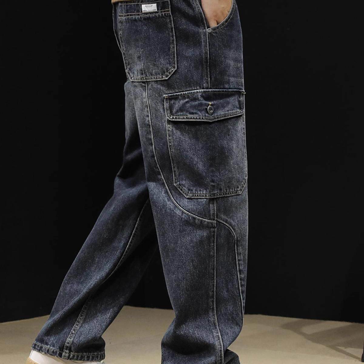 美式复古新款潮牌工装大口袋牛仔裤男直筒宽松做旧高街阔腿长裤潮