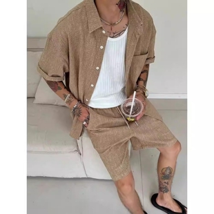 夏季轻奢高级感时尚简约衬衫套装男士潮流宽松休闲短袖短裤两件套