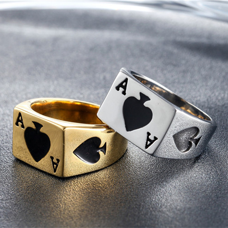 扑克牌戒指男钛钢黑桃a红桃a指环同花顺戒子潮流好运女字母复古戒