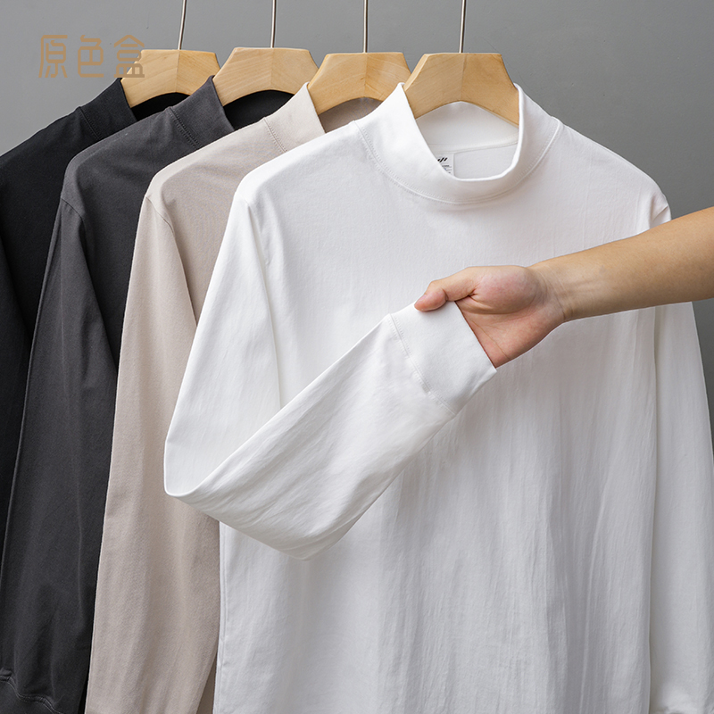 280G重磅纯棉打底衫男春秋款宽松纯色中领卫衣白色半高领长袖t恤