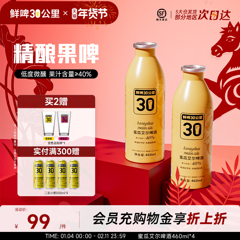 鲜啤30公里精酿蜜瓜艾尔啤酒低度微醺女士果啤果味高浓度460ml*4