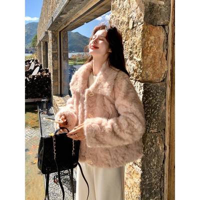 独特漂亮粉色皮毛一体彷皮草羊羔毛外套女秋冬今年流行漂亮爆款