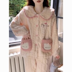 珊瑚绒睡衣女款秋冬季2025新款法兰绒加厚保暖可爱猫咪家居服套装