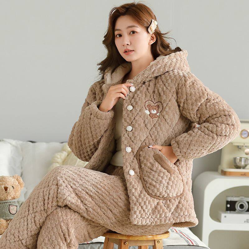 冬季连帽睡衣女士睡衣女加绒加厚三层洋气女款外穿套装小个子睡衣