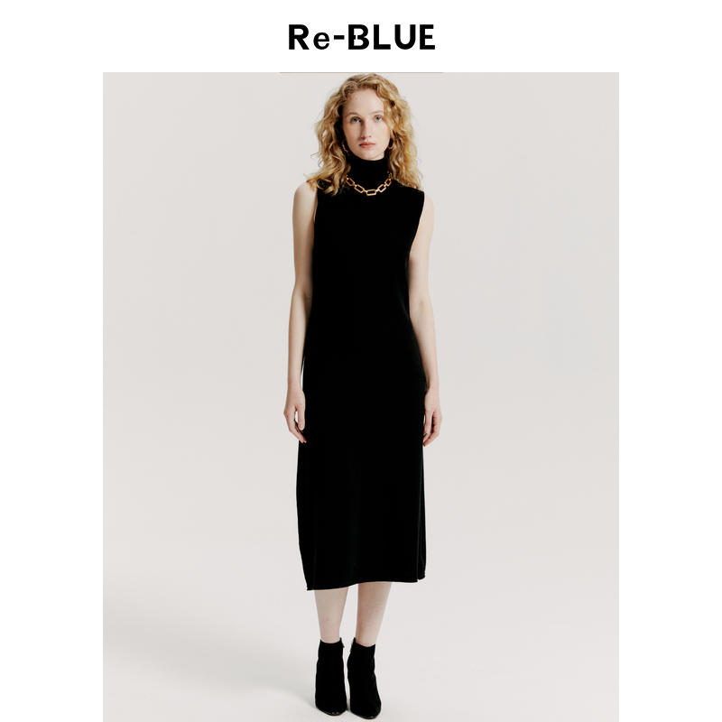 羊毛高领无袖针织连衣裙