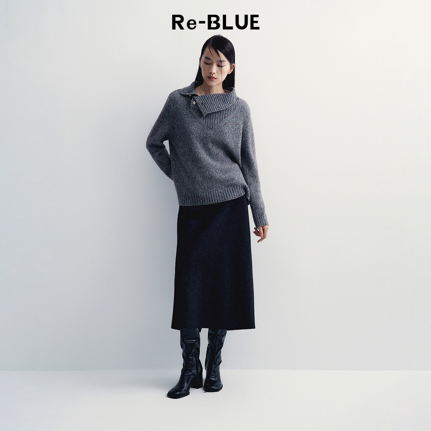 Re-BLUE轻奢优雅女装复古长款收腰直筒半身裙气质通勤显瘦羊毛裙