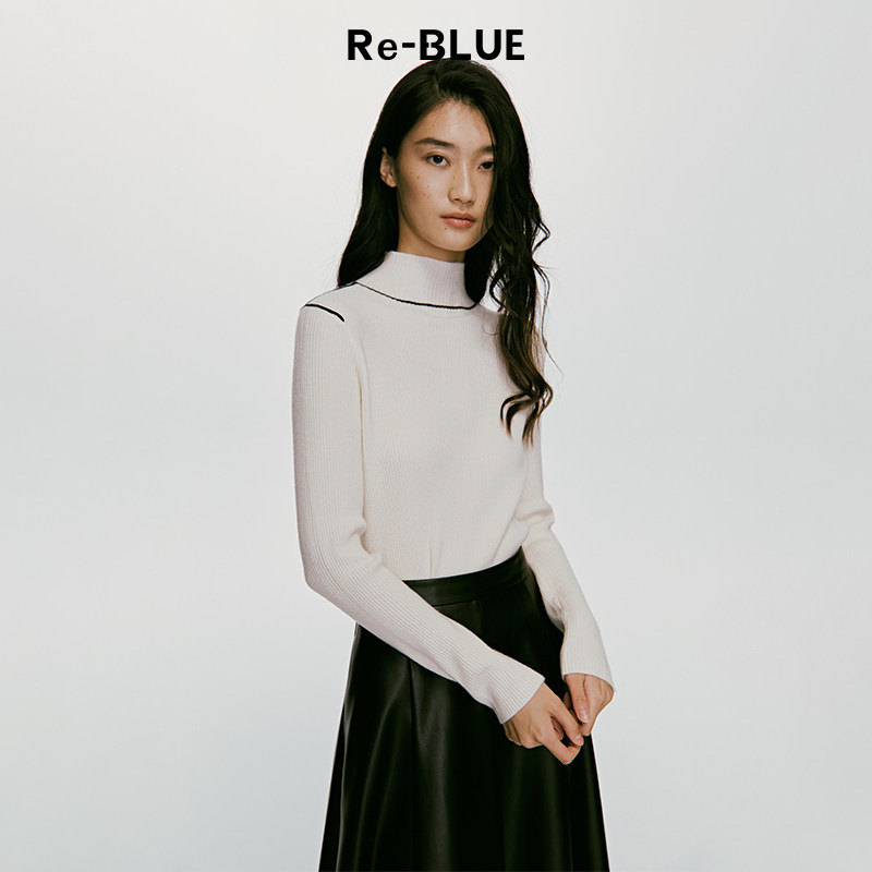 re-blue轻奢优雅女装慵懒舒适撞色细节半高领保暖针织打底衫