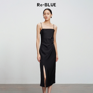 捏褶平口抹胸垂感缎面吊带连衣裙 修身 BLUE轻奢优雅女装