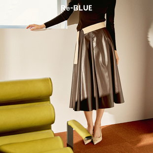 复古优雅A字伞形皮料半身裙 BLUE轻奢优雅女装