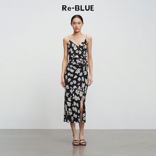 艺术印花不对称捏褶V领开衩吊带连衣裙 BLUE轻奢优雅女装