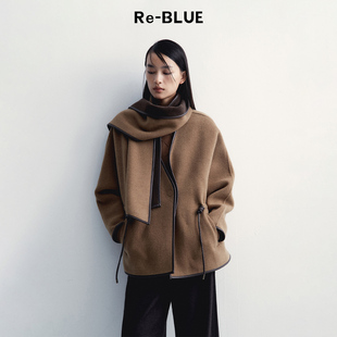 复古皮革镶边撞色围巾绵羊毛大衣外套 BLUE轻奢优雅女装