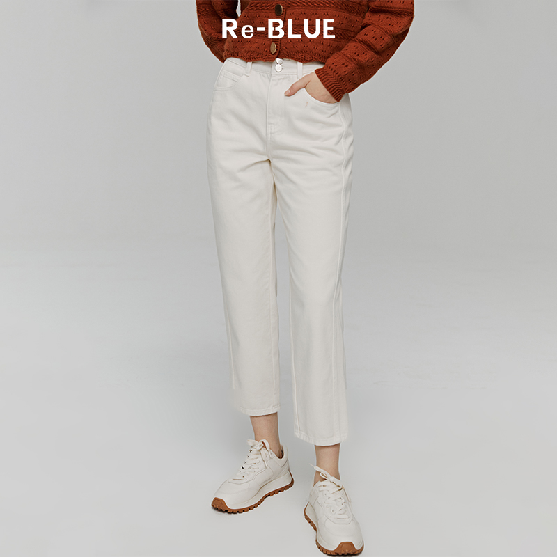 Re-BLUE轻奢优雅女装高腰两粒扣直筒白牛仔裤-封面