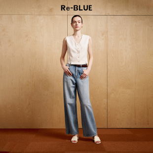 休闲通勤咖色腰带棉质阔腿牛仔裤 BLUE轻奢优雅女装