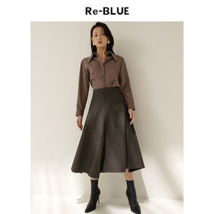 纹立体拼接伞摆中长半身裙 简约复古英伦风格 BLUE轻奢优雅女装