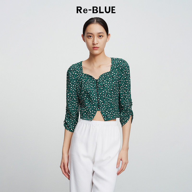 Re-BLUE轻奢优雅女装墨绿色豹纹印花泡泡袖衬衫上衣