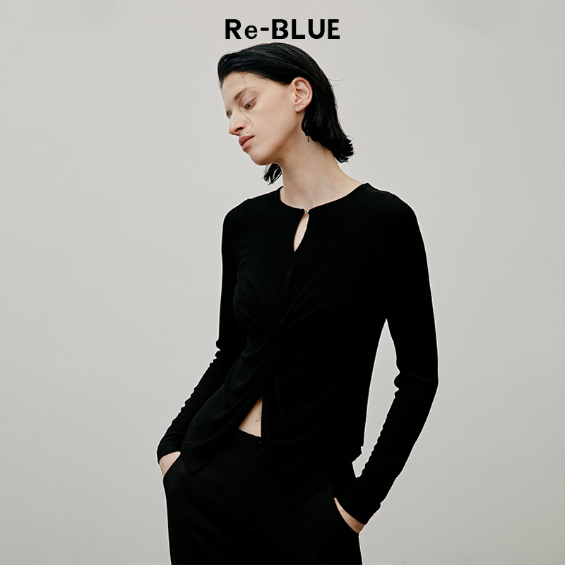 气质百搭水滴领口醋酸坑条打底衫