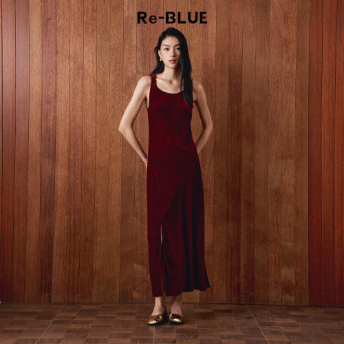 Re-BLUE桑蚕丝U领背心丝绒连衣裙