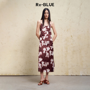 简约知性气质斜裁花朵印花吊带连衣裙 BLUE轻奢优雅女装