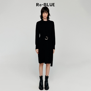 束腰针织连衣裙 优雅高级保暖修身 BLUE轻奢优雅女装