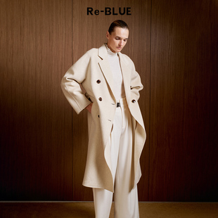 Re-BLUE轻奢优雅女装简约复古通勤直身双排扣双面呢羊毛大衣