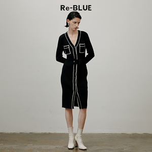 Re-BLUE轻奢优雅女装复古时髦撞色V领针织连衣裙