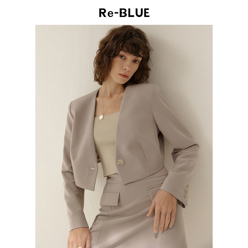 Re-BLUE轻奢优雅女装时尚脱俗干净利落垫肩小个子短款V领西装外套,女装/女士精品,西装,淘宝优惠券,粉丝福利购,淘宝优惠卷
