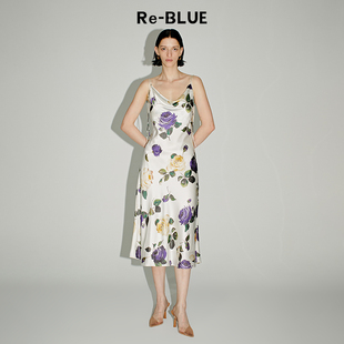 高级印花真丝吊带连衣裙 BLUE轻奢优雅女装