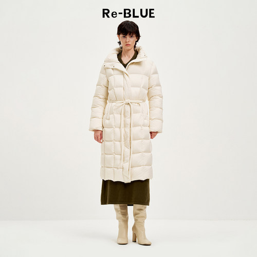 Re-BLUE轻奢优雅女装温柔知性格子绗线白鹅绒收腰中长款羽绒服 - 封面