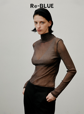 Re-BLUE轻奢优雅女装通透质感进口面料简约高领长袖打底衫