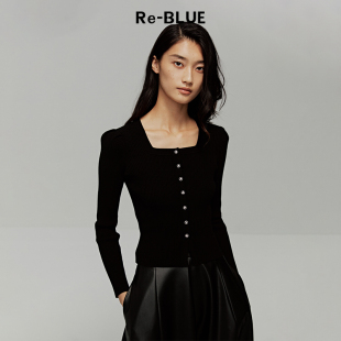 舒适温柔百搭单排扣显瘦方领针织上衣 BLUE轻奢优雅女装