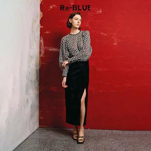 简约通勤百搭黑色醋酸扭结半身裙 BLUE轻奢优雅女装