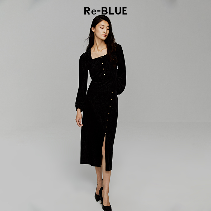 简约高级收腰方领细闪丝绒上衣