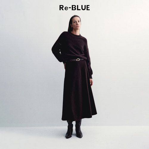 Re-BLUE复古知性绵羊毛半身裙冬