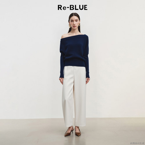 Re-BLUE一字领斜肩长袖针织内搭