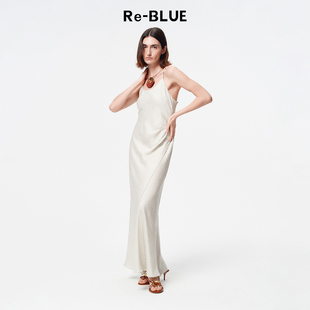 气质知性缎面肌理褶皱鱼尾吊带连衣裙 BLUE轻奢优雅女装