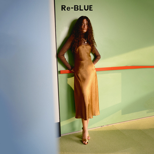 摩登复古肌理感V领醋酸吊带连衣裙 BLUE轻奢优雅女装