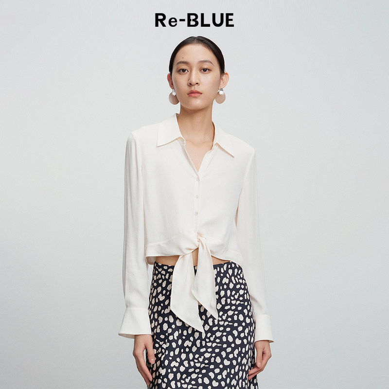 Re-BLUE轻奢优雅女装简约通勤系带优雅衬衫上衣