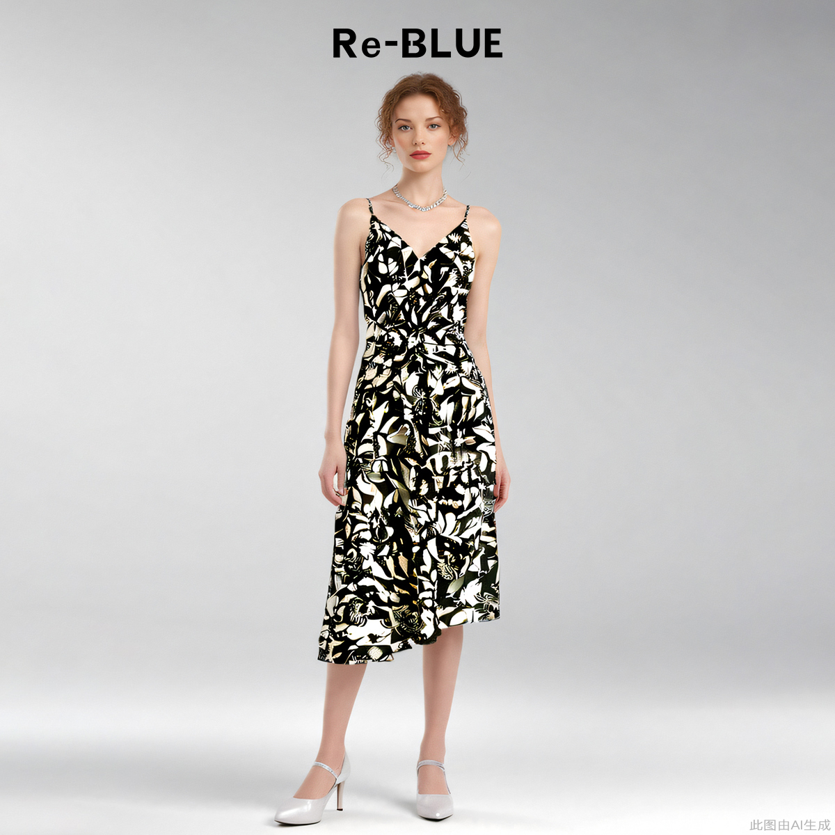 气质海棠剪影印花扭结吊带连衣裙