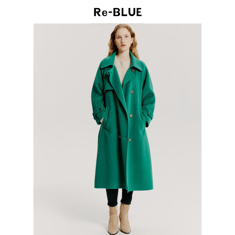 优雅双排扣系带全羊毛长款大衣