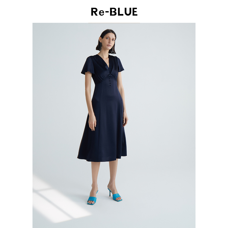 re-blue轻奢女装简约通勤休闲醋酸混纺优雅v领修身立裁a字连衣裙