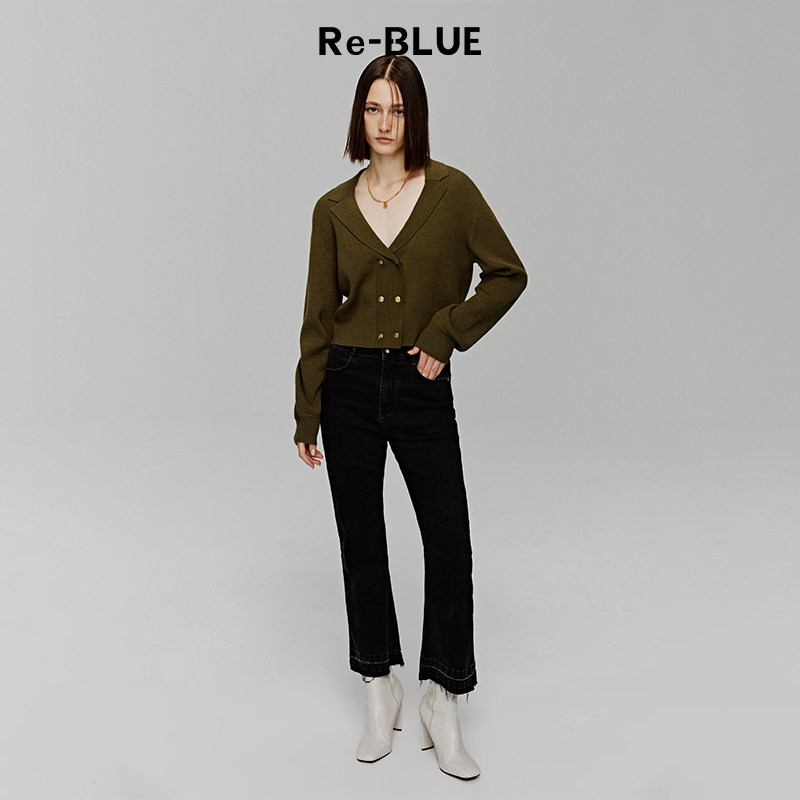 Re-BLUE轻奢优雅女装通勤知性绵羊毛混纺翻领针织杉